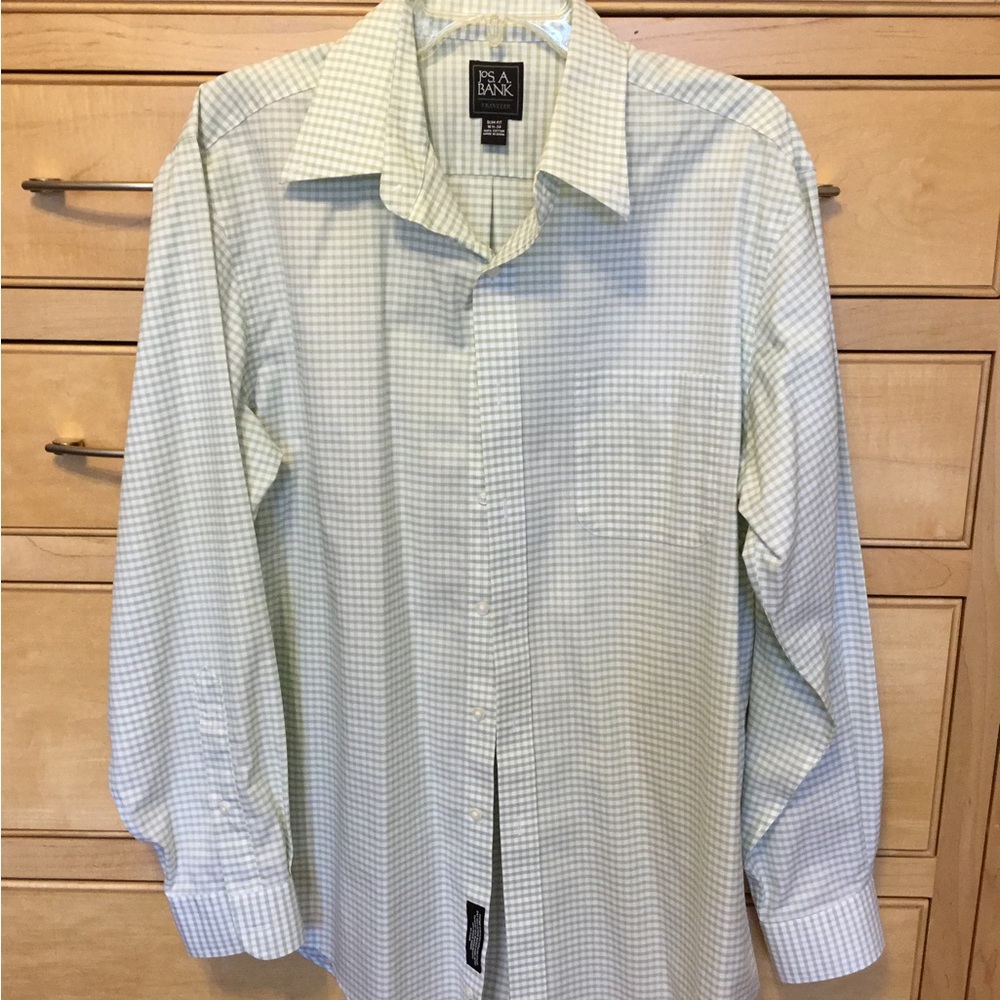 Jos. A. Bank Light Green Plaid Shirt 16. X 34” Traveler Slim Fit 100% Cotton